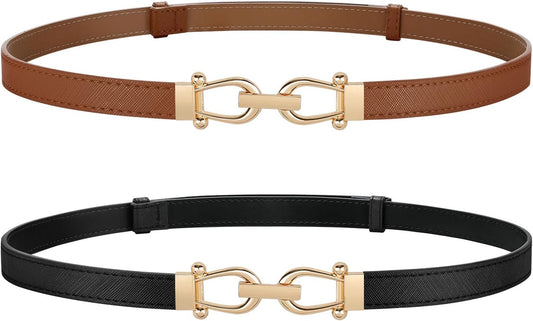 HOTJASGOOD 2 Pack Thin Belts for Women Fashion Skinny Leather Waist Belts for Jeans Pants Dresses with Gold Buckle