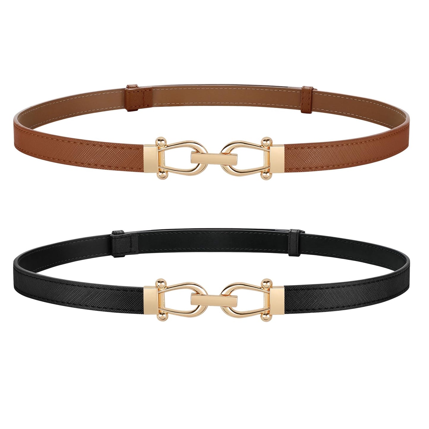 HOTJASGOOD 2 Pack Thin Belts for Women Fashion Skinny Leather Waist Belts for Jeans Pants Dresses with Gold Buckle