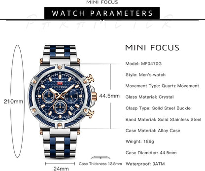 HOTMF MINI FOCUS Business Men Watches (Chronograph/Waterproof/Luminous/Calendar/24 Hours) Big Face Stainless Steel Band Watches for Men