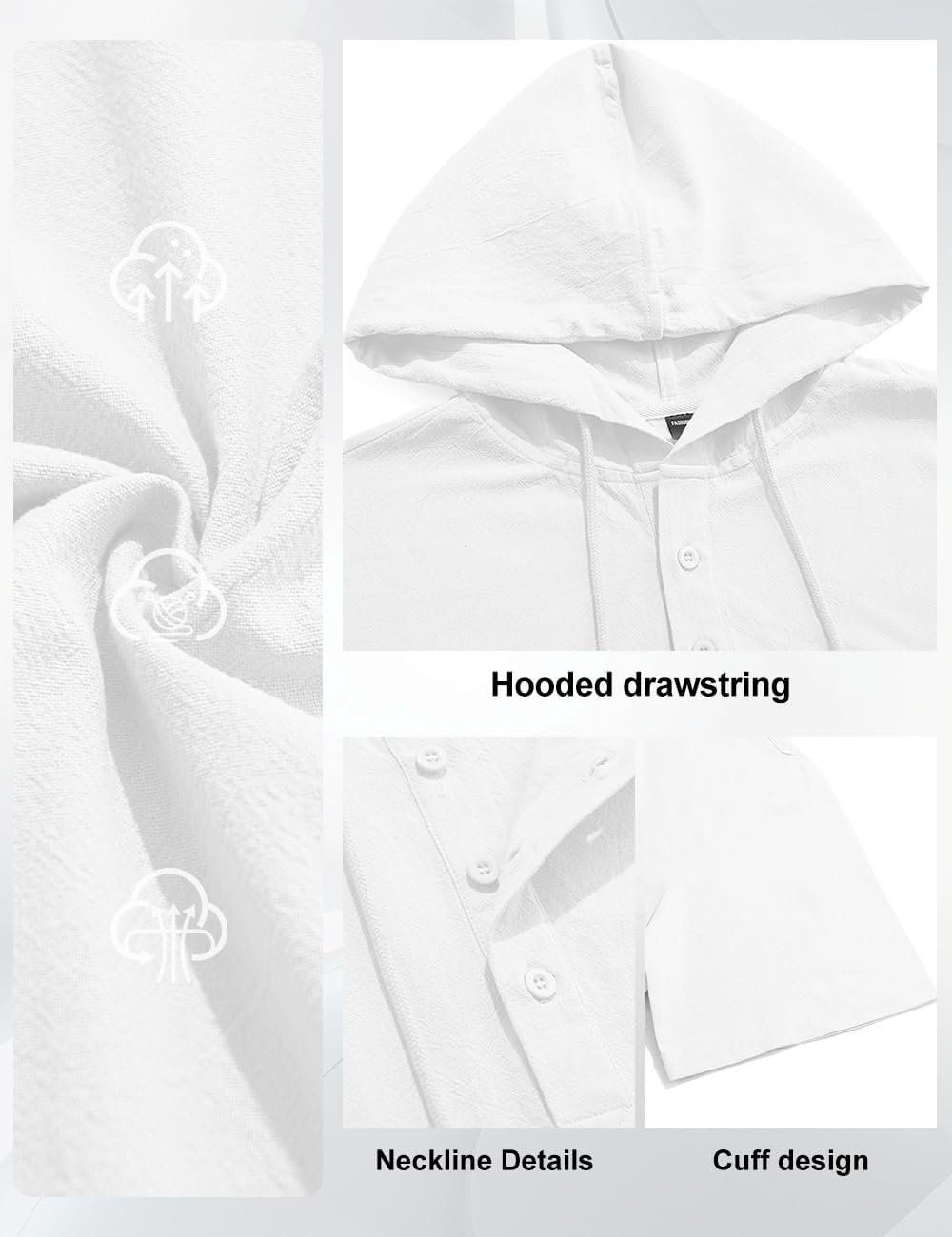 HOTMen's Cotton Linen Shirts Short Sleeve Casual Button Down Hoodies Summer Hawaiian Beach Top with Drawstring