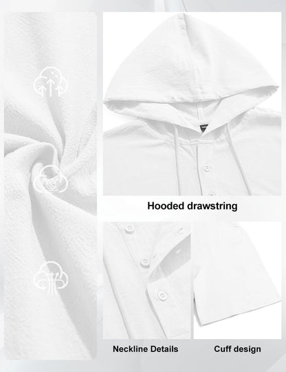 HOTMen's Cotton Linen Shirts Short Sleeve Casual Button Down Hoodies Summer Hawaiian Beach Top with Drawstring