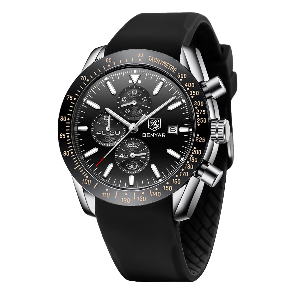 HOTBENYAR Watch for Men Analog Quartz Chronograph Waterproof Luminous Designer Mens Wrist Watches Business Work Sport Casual Dress Watch with Silicone Strap Elegant Gifts for Men