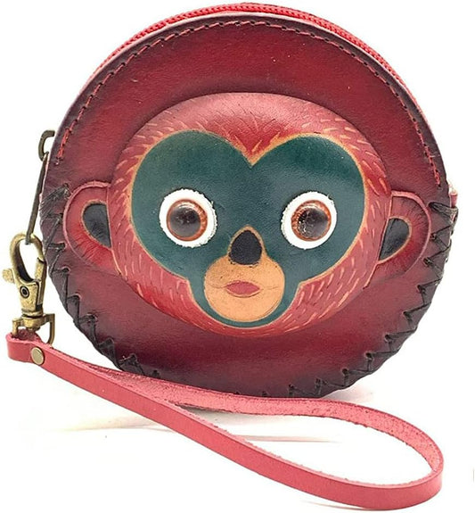 HOTHandmade Vintage Genuine Red Leather 3D Animal Monkey Coin Purse with Removable wrist strap