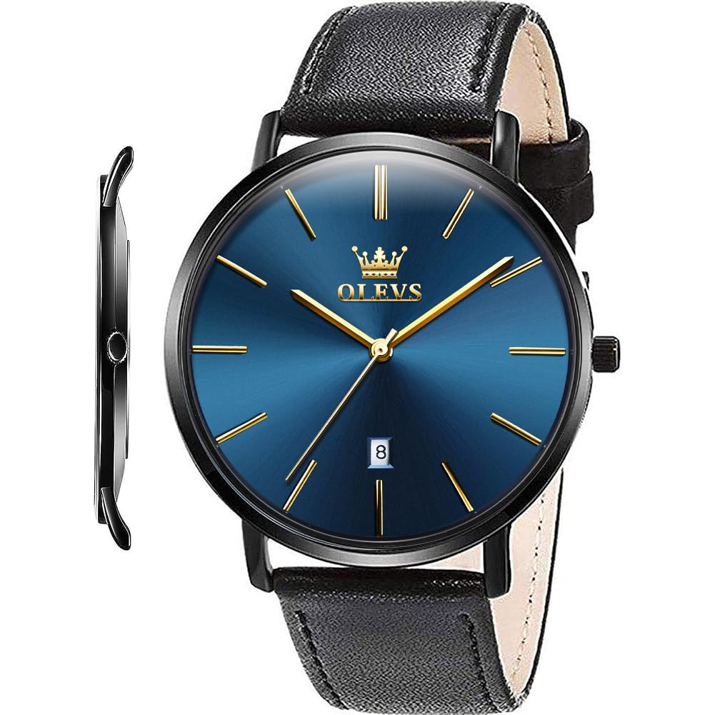 HOTOLEVS Men Leather Watches Black Ultra Thin 6.5mm Minimalist Dress Fashion Simple Casual Waterproof Date Watch for Men