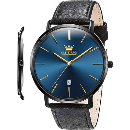 HOTOLEVS Men Leather Watches Black Ultra Thin 6.5mm Minimalist Dress Fashion Simple Casual Waterproof Date Watch for Men