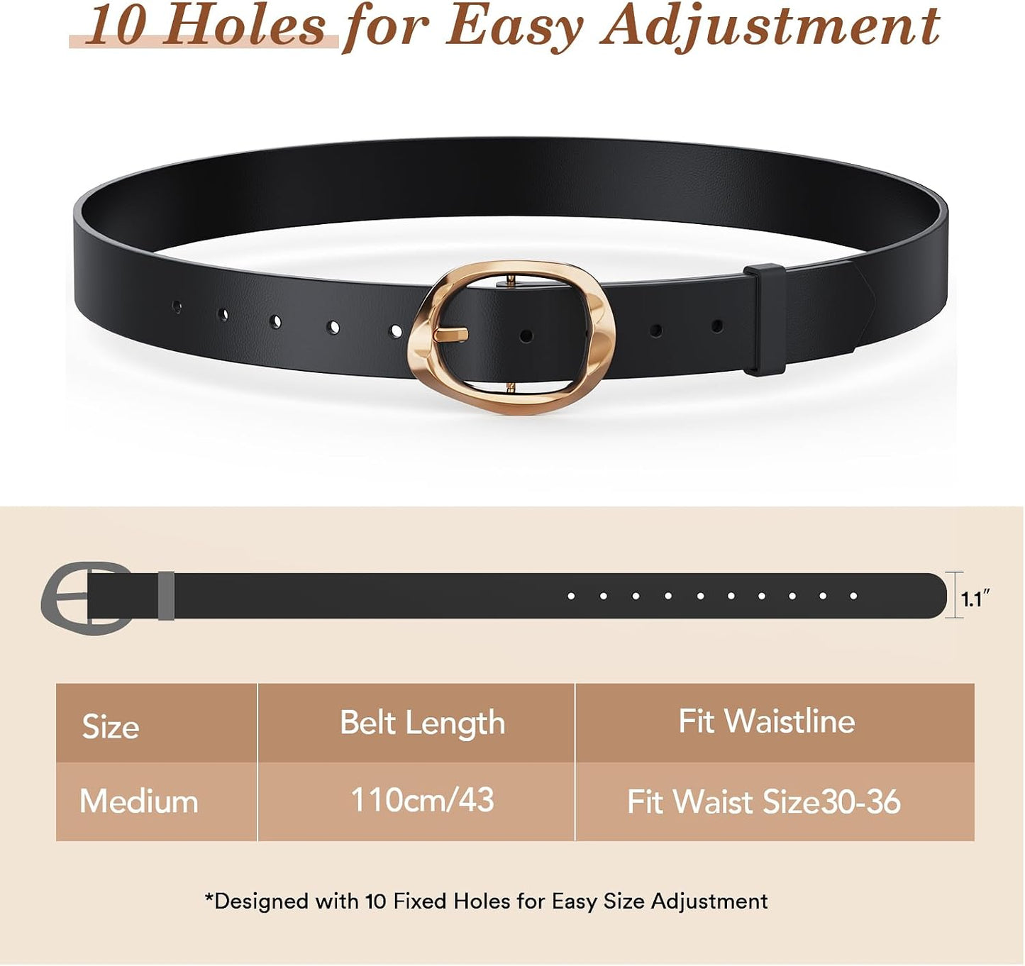HOTAmyzavls 3 Pack Women's Belts for Jeans, Dresses, Pants, Leather Belt for Women with Fluid Liquid Shaped Gold Buckle, Black & Brown & Beige Trendy Fashion Belts for Ladies 43 inch