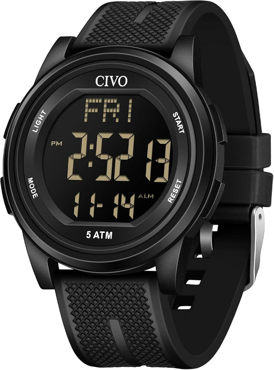 HOTCIVO Digital Watches for Women Men: Waterproof Large Dial Sports Watch 44mm | Ultra-Thin Soft Silicone Wrist Watch with Stopwatch and Alarm for Outdoor Enthusiasts - Running & Camping