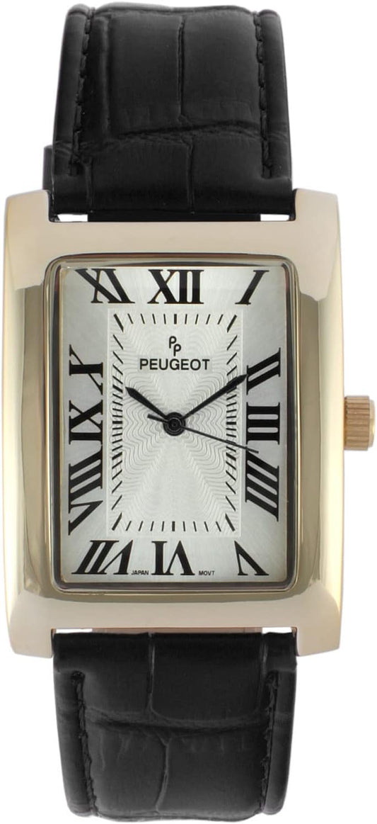 HOTPeugeot Men's Vintage Tank 14K Gold Plated Roman Numeral Leather Watch
