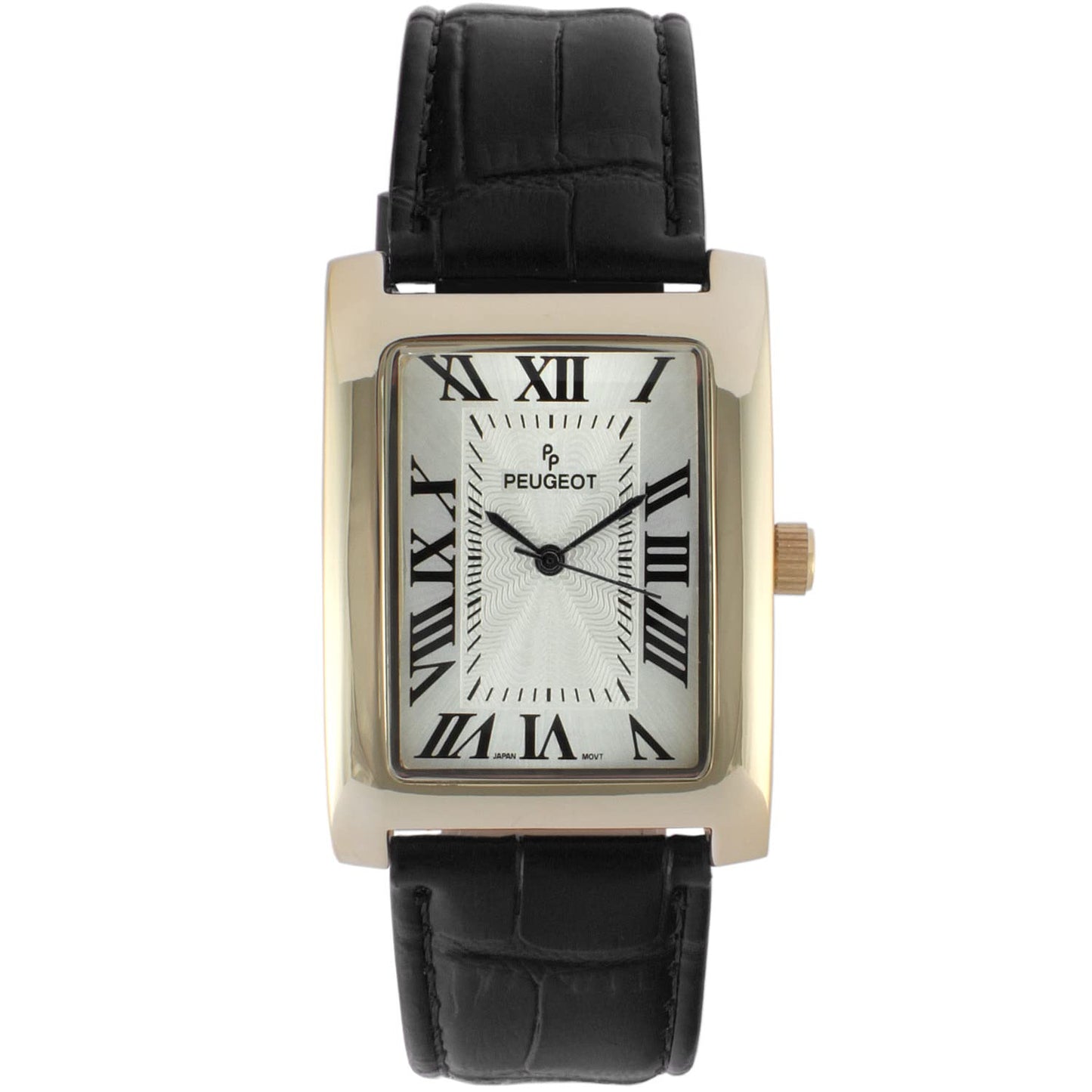 HOTPeugeot Men's Vintage Tank 14K Gold Plated Roman Numeral Leather Watch