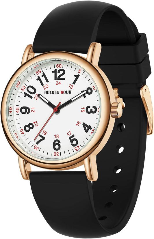 HOTGOLDEN HOUR Waterproof Nurse Watch for Medical Professionals, Students Women Men - Military Time Luminouse Easy Read Dial, 24 Hour with Second Hand, Colorful Silicone Band