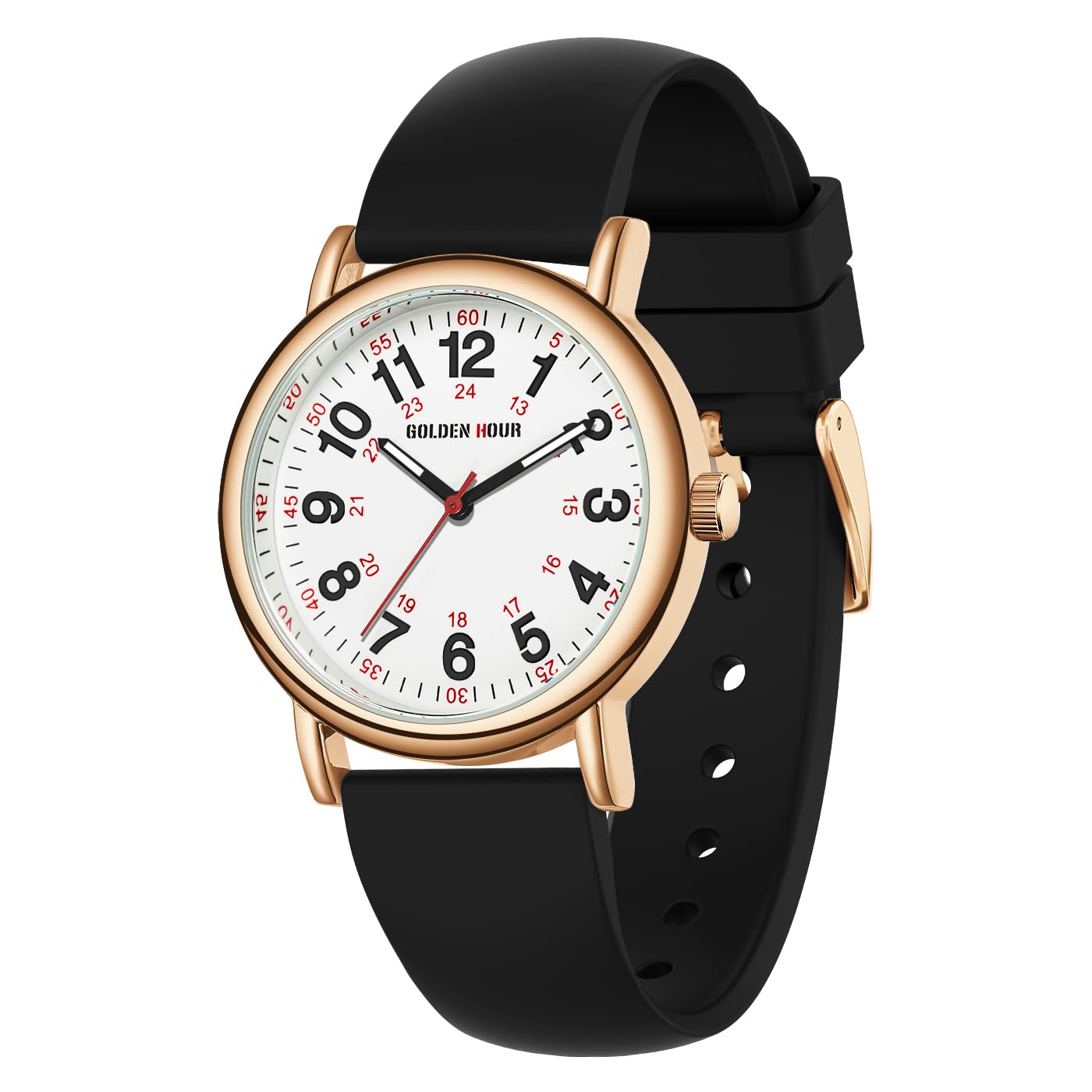 HOTGOLDEN HOUR Waterproof Nurse Watch for Medical Professionals, Students Women Men - Military Time Luminouse Easy Read Dial, 24 Hour with Second Hand, Colorful Silicone Band