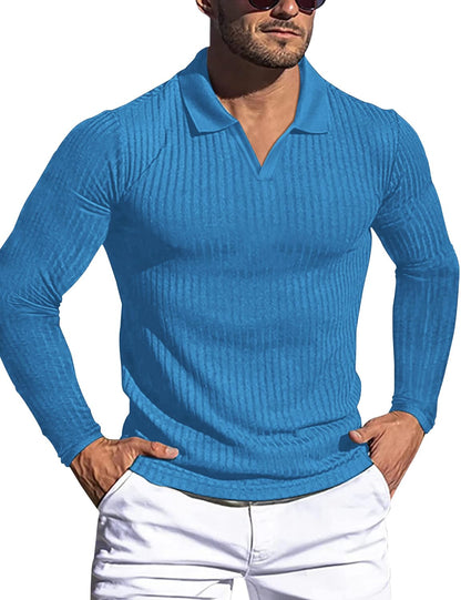 HOTMen's Muscle V Neck Polo Shirts Slim Fit Short Long Sleeve Cotton Golf T-Shirts Ribbed Knit Soft Tees