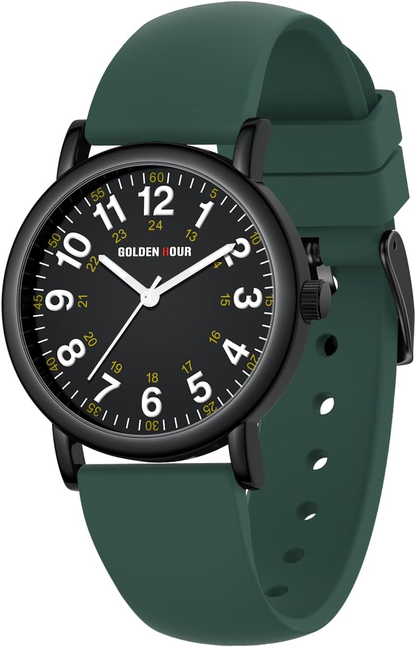HOTGOLDEN HOUR Waterproof Nurse Watch for Medical Professionals, Students Women Men - Military Time Luminouse Easy Read Dial, 24 Hour with Second Hand, Colorful Silicone Band