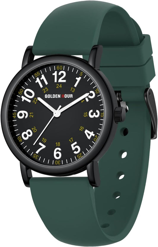 HOTGOLDEN HOUR Waterproof Nurse Watch for Medical Professionals, Students Women Men - Military Time Luminouse Easy Read Dial, 24 Hour with Second Hand, Colorful Silicone Band