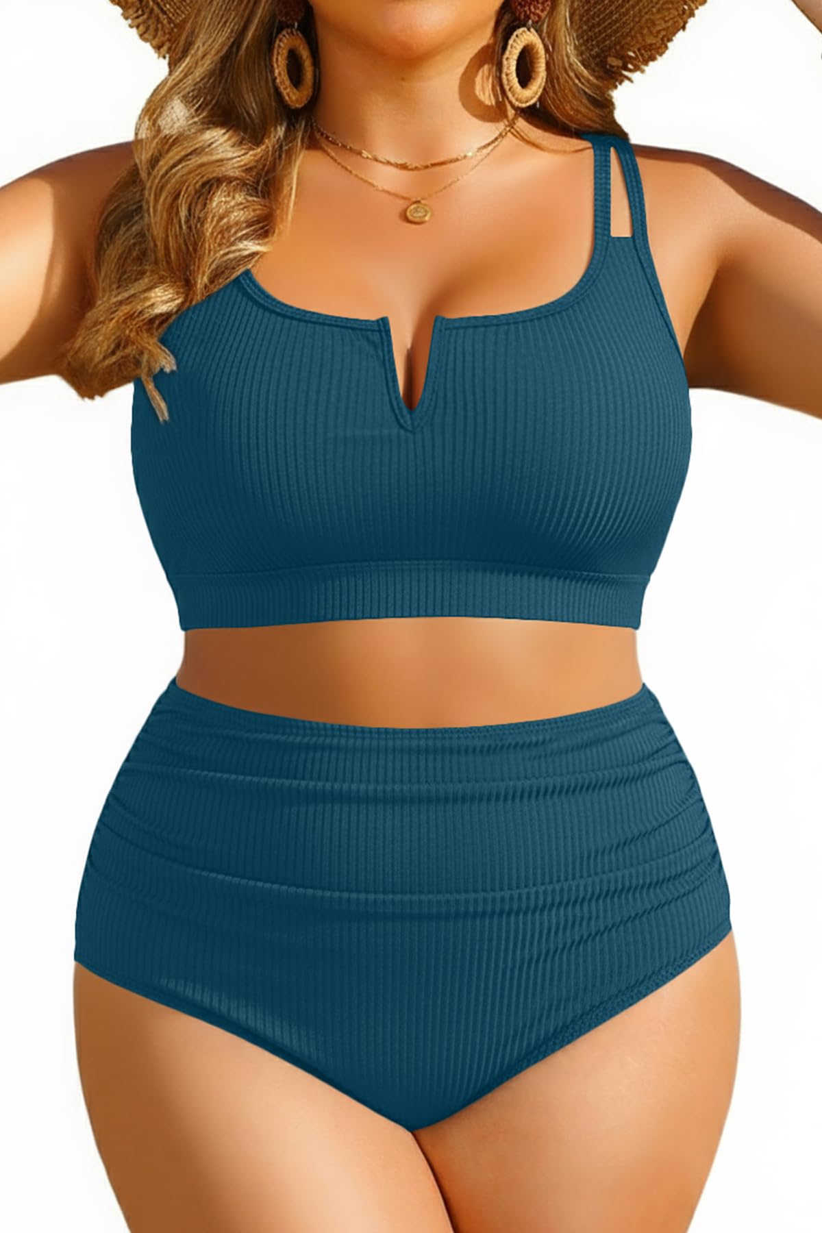 HOTWomen Plus Size High Waisted Bikini Ribbed Two Piece Tummy Control Swimsuit | V-Wired Bathing Suit, Adjustable Straps, Full Coverage, Full Lining
