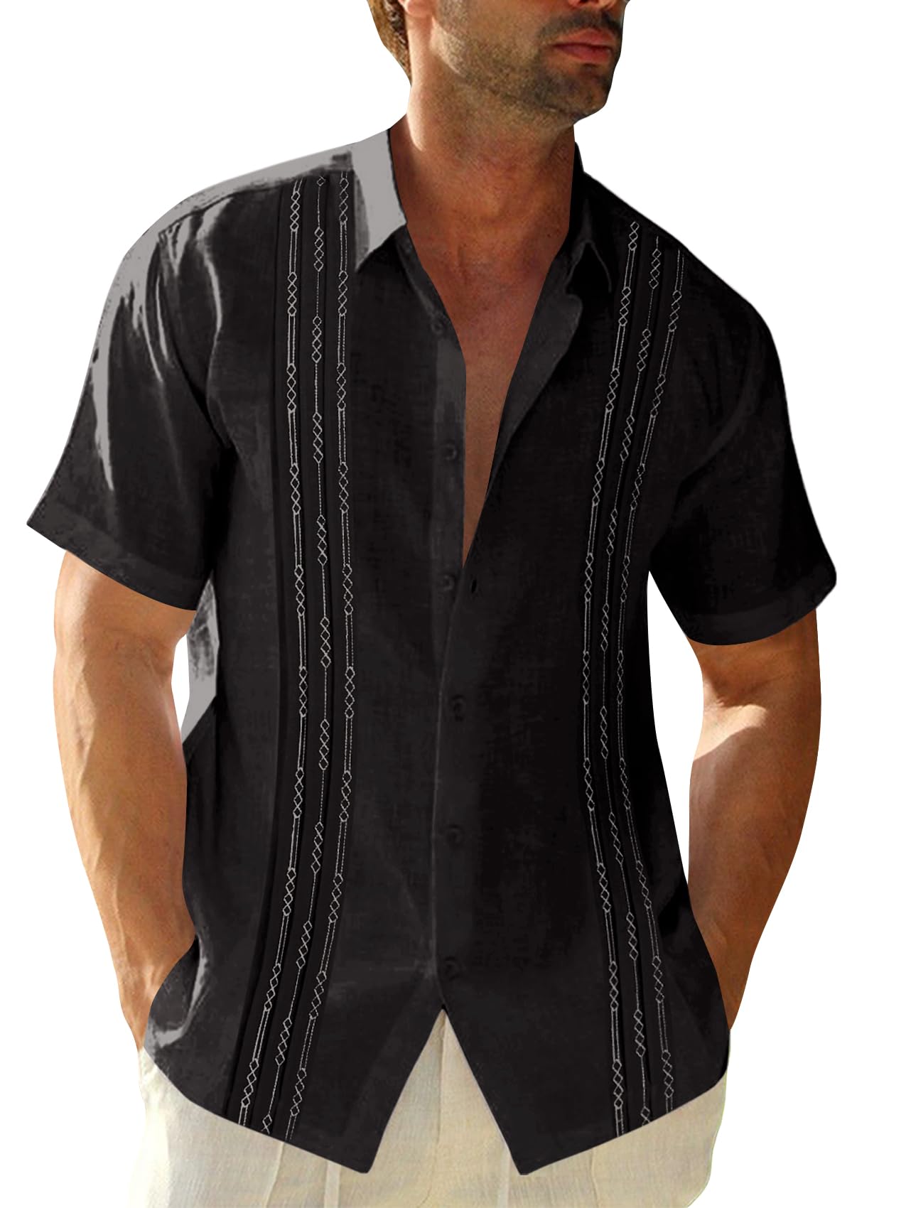 HOTRuncati Mens Short Sleeve Guayabera Shirts Linen Button Down Cuban Shirt | Cotton blend, Mexican style, Button up, Embroidered, Loose fit, Barong tagalog, Bowling shirts, for Summer Beach, Wedding