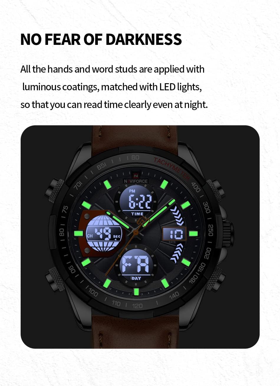 HOTNAVIFORCE Men's Military Digital Watches Analog Quartz Waterproof Watch Sport Multifunctional Leather Wristwatch