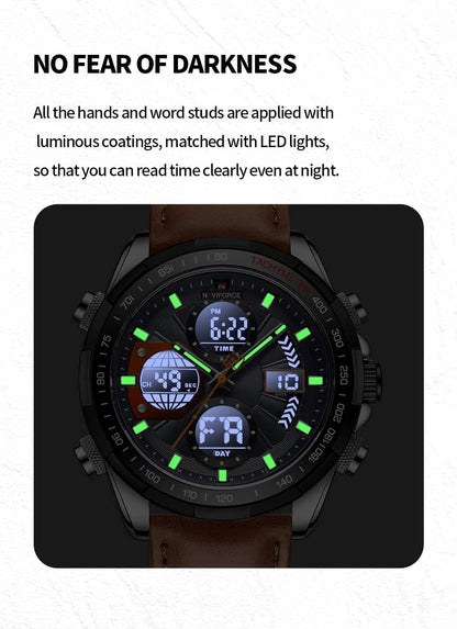 HOTNAVIFORCE Men's Military Digital Watches Analog Quartz Waterproof Watch Sport Multifunctional Leather Wristwatch