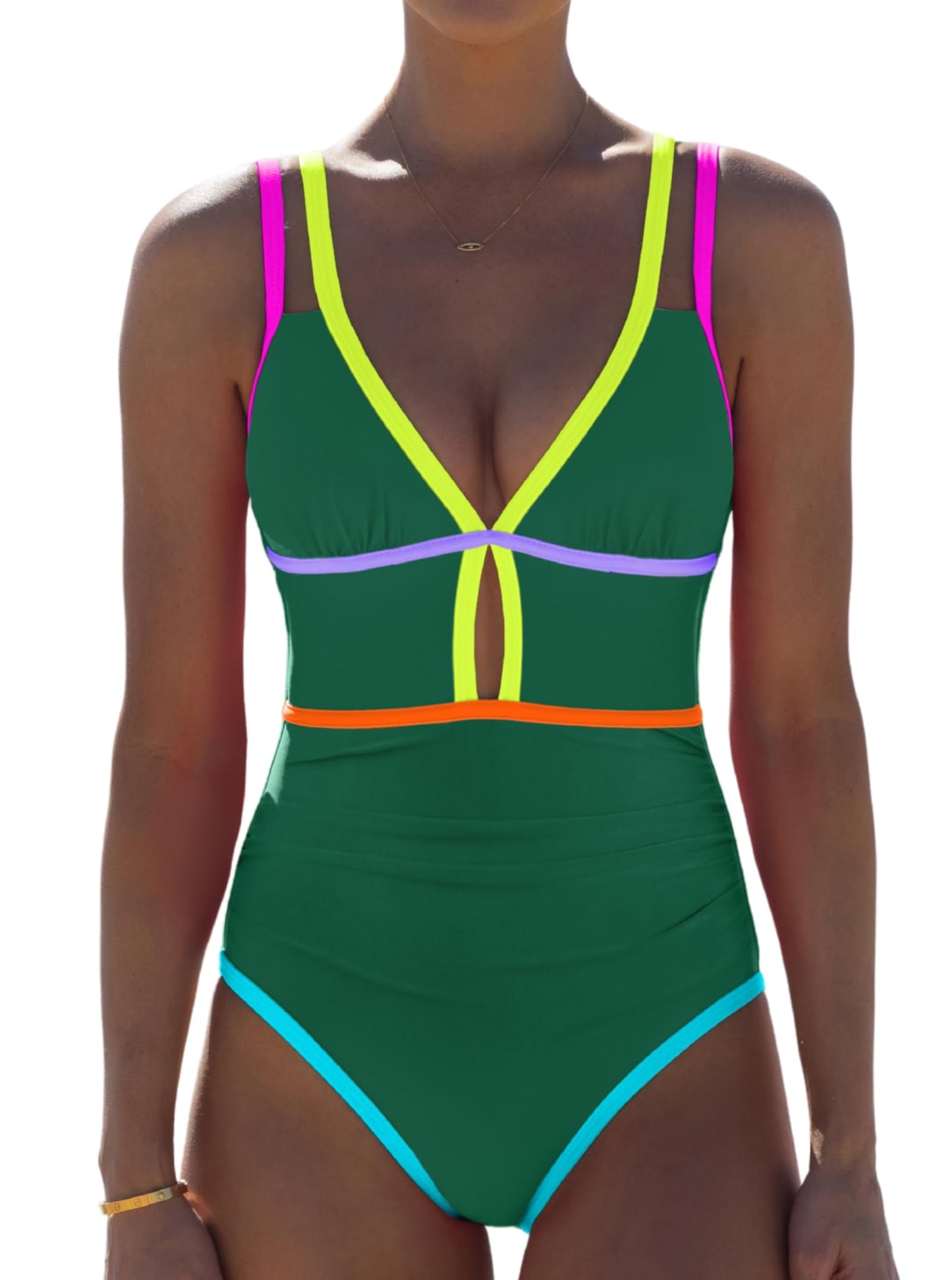 HOTpopvil Women One Piece Swimsuit 2026 Neon Tummy Control Bathing Suit | Tummy Ruched Design, Color Block, Cutout Design, Deep V Neck, Back tie,Adjustable Straps, Neon Trim,Vacation,Beach