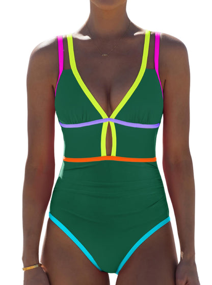 HOTpopvil Women One Piece Swimsuit 2026 Neon Tummy Control Bathing Suit | Tummy Ruched Design, Color Block, Cutout Design, Deep V Neck, Back tie,Adjustable Straps, Neon Trim,Vacation,Beach