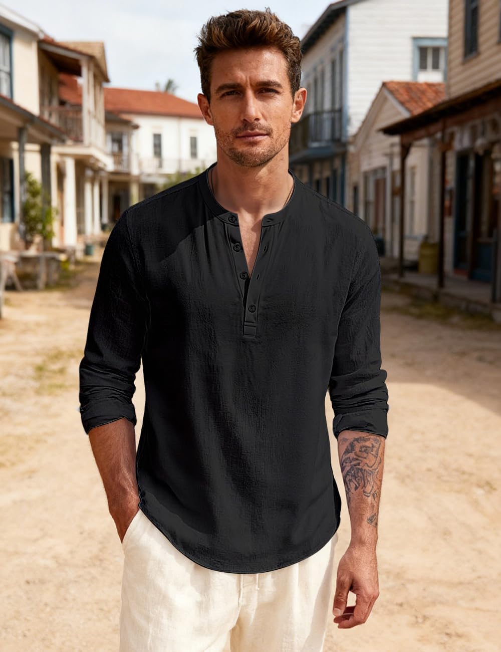 HOTMen's Linen Shirts Henley T-Shirts Long Sleeve Casual Beach T-Shirts Solid Tops Shirts for Men Black