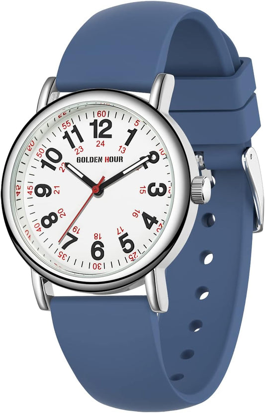 HOTGOLDEN HOUR Waterproof Nurse Watch for Medical Professionals, Students Women Men - Military Time Luminouse Easy Read Dial, 24 Hour with Second Hand, Colorful Silicone Band