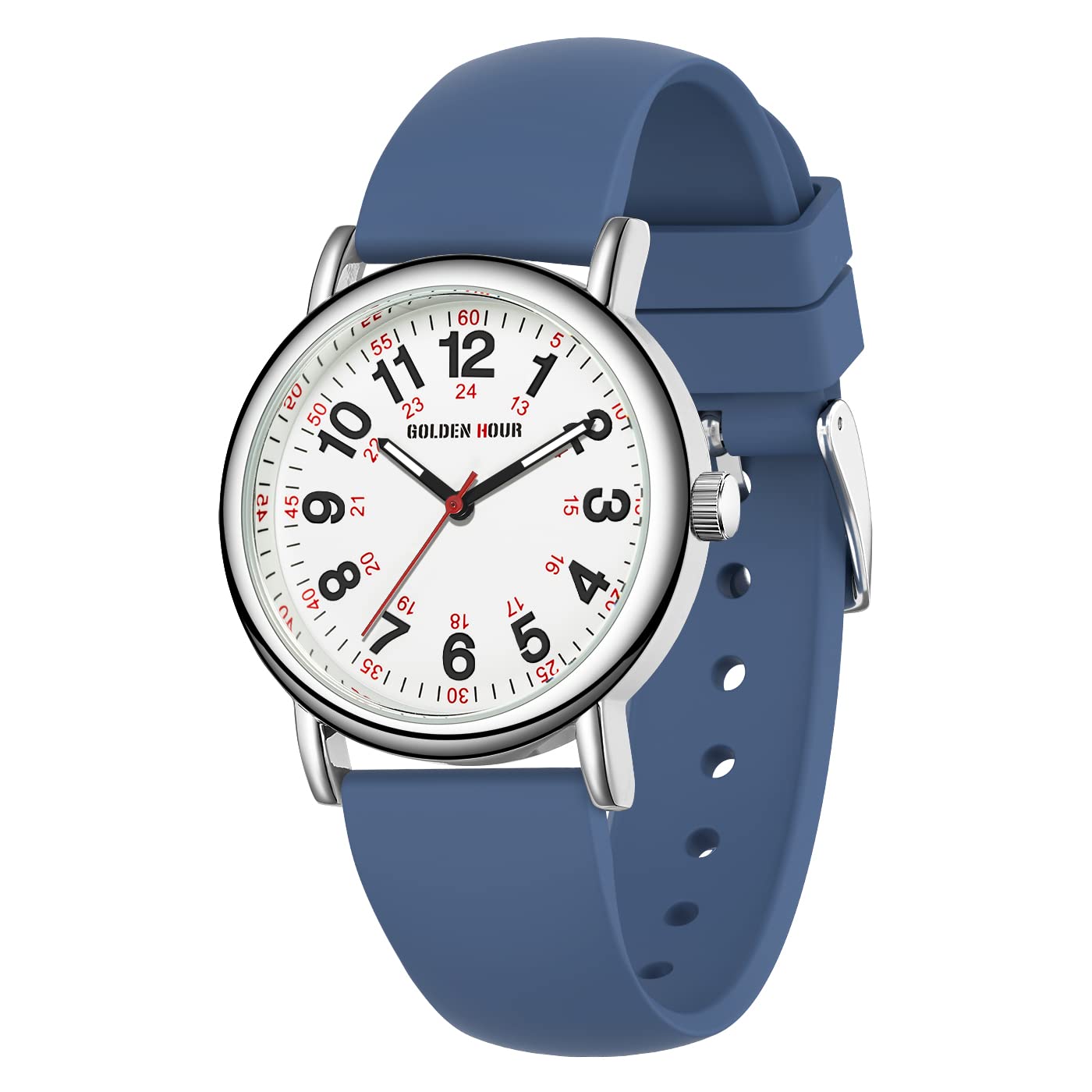 HOTGOLDEN HOUR Waterproof Nurse Watch for Medical Professionals, Students Women Men - Military Time Luminouse Easy Read Dial, 24 Hour with Second Hand, Colorful Silicone Band