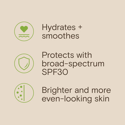 HOTAveeno Positively Radiant Face Moisturizer with SPF 30 Sunscreen, Hydrating Facial Moisturizer with Soy Extract to Visibly Improve Skin Tone and Texture, Hypoallergenic Formula, Oil-Free, 2.3 Fl Oz