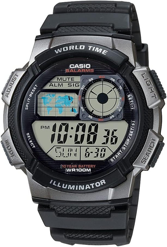HOTCasio AE1000W Series | Men’s Digital Watch | 100M WR | Multi Alarms | 100 SEC Stopwatch | Countdown Timer | World Map for World Time | LED Light | LC Analog Display | 10 Year Battery