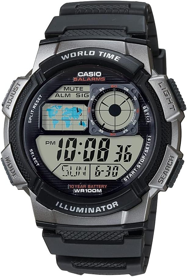 HOTCasio AE1000W Series | Men’s Digital Watch | 100M WR | Multi Alarms | 100 SEC Stopwatch | Countdown Timer | World Map for World Time | LED Light | LC Analog Display | 10 Year Battery