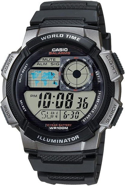 HOTCasio AE1000W Series | Men’s Digital Watch | 100M WR | Multi Alarms | 100 SEC Stopwatch | Countdown Timer | World Map for World Time | LED Light | LC Analog Display | 10 Year Battery