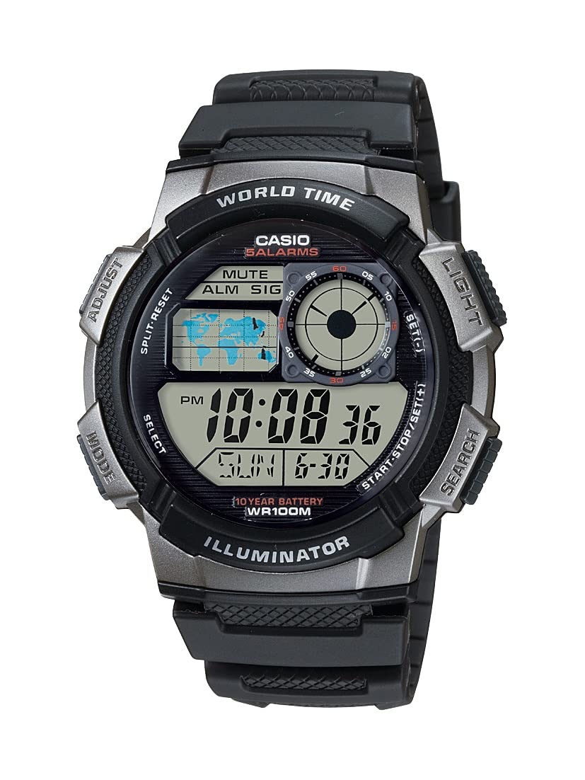 HOTCasio AE1000W Series | Men’s Digital Watch | 100M WR | Multi Alarms | 100 SEC Stopwatch | Countdown Timer | World Map for World Time | LED Light | LC Analog Display | 10 Year Battery