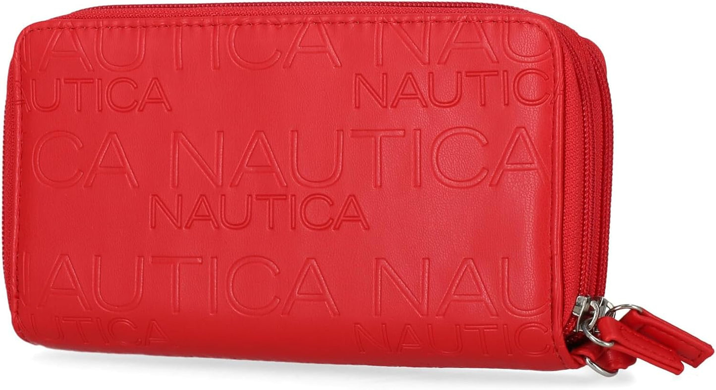 HOTNautica On The Double Zip Around Vegan Leather Womens RFID Clutch Wallet With Wristlet Strap, Fuego Red