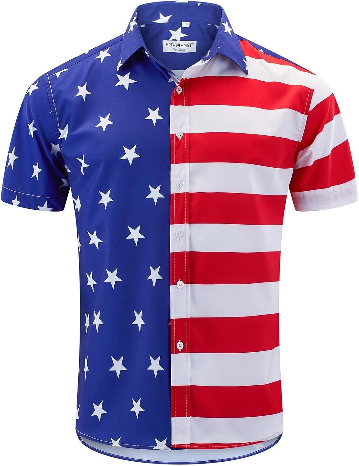 HOTENVMENST Men's American Flag Button Down Shirts Casual Short Sleeve Patriotic Hawaiian Shirt