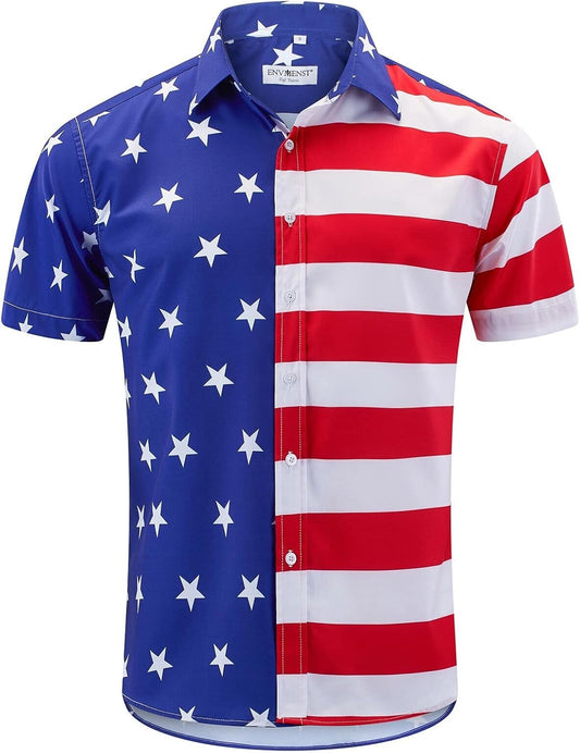HOTENVMENST Men's American Flag Button Down Shirts Casual Short Sleeve Patriotic Hawaiian Shirt