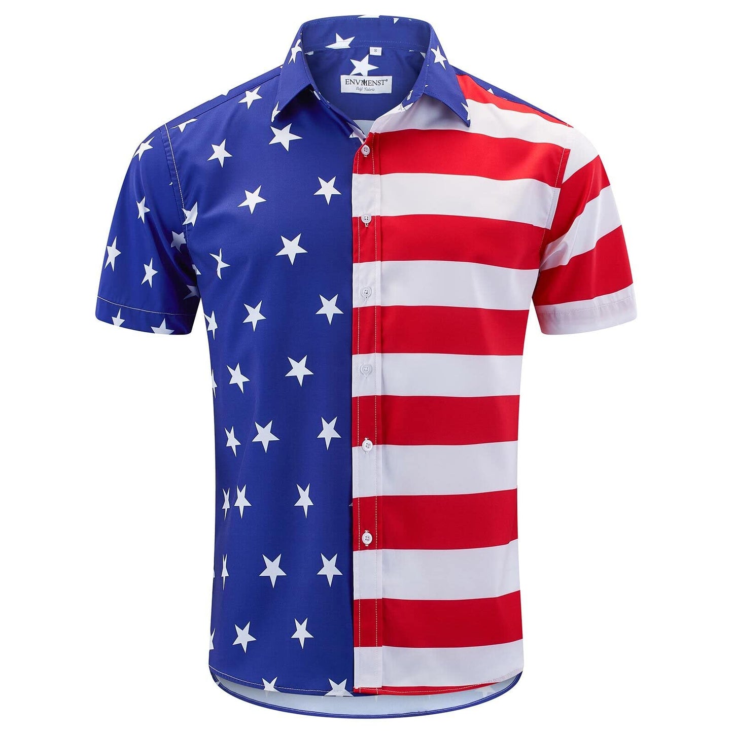 HOTENVMENST Men's American Flag Button Down Shirts Casual Short Sleeve Patriotic Hawaiian Shirt