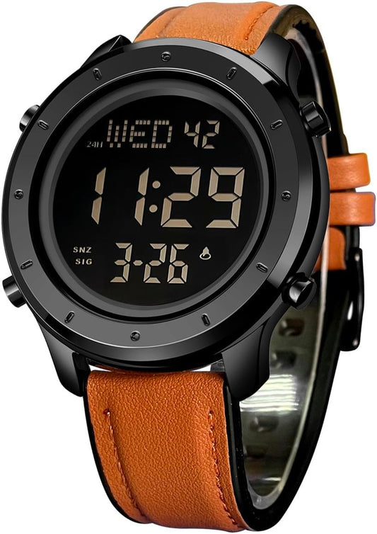 HOTMinimalist Digital Watch Men Wrist Watches Waterproof Mens Leather Watch | Large face brown black watch, Chronograph, Dual Times, 12/24 Hours, EL backlight, Digital wrist stopwatch, Reloj para hombre