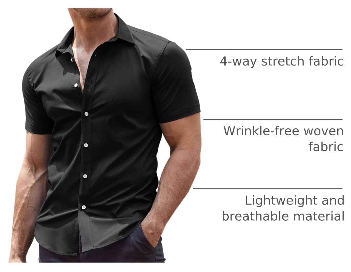 HOTCOOFANDY Men's Muscle Fit Dress Shirts Wrinkle-Free Short Sleeve Casual Button Down Shirt