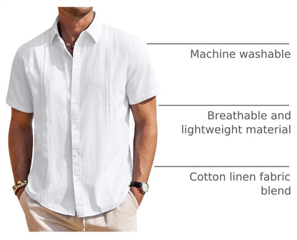 HOTMens Linen Textured Shirt Short Sleeve Button Down Cuban Guayabera Shirt | 100% Cotton, Casual Wear, Lightweight Breathable, Summer Beach, Untucked, Relaxed Fit, Vacation, Cruise, Camp, Collared