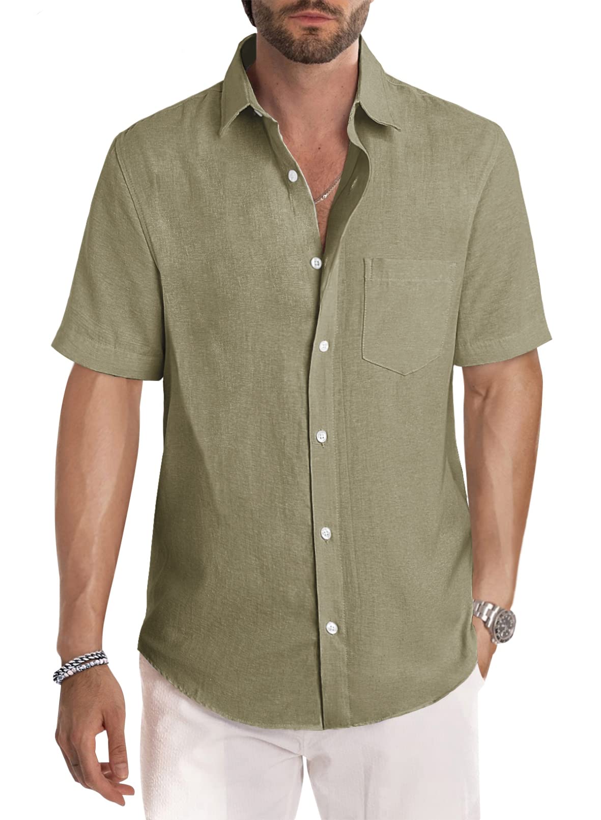 HOTJMIERR Men's Casual Stylish Short Sleeve Button-Up Striped Dress Shirt Cotton Beach Shirts