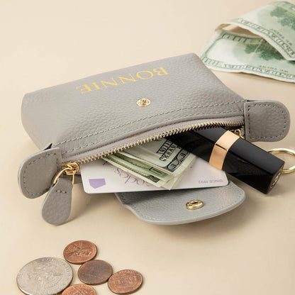 HOTCALLIE Personalized Leather Coin Purse with Keychain - Custom Name on Small Coin Pouch Change Holder - Birthday Teacher's Day Christmas Gifts for Women