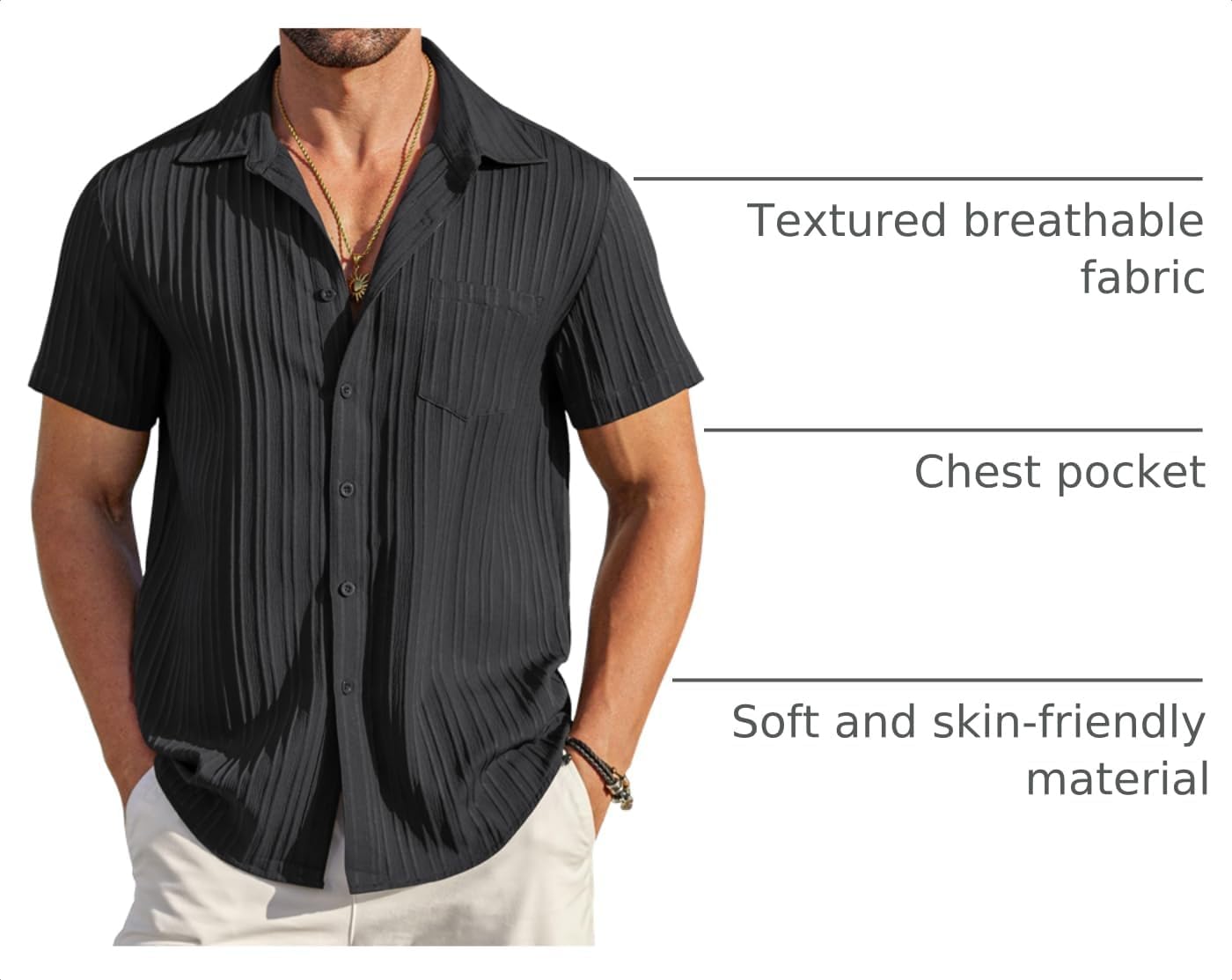 HOTCOOFANDY Men's Casual Button Down Shirts Short Sleeve Textured Summer Beach Shirt with Pocket