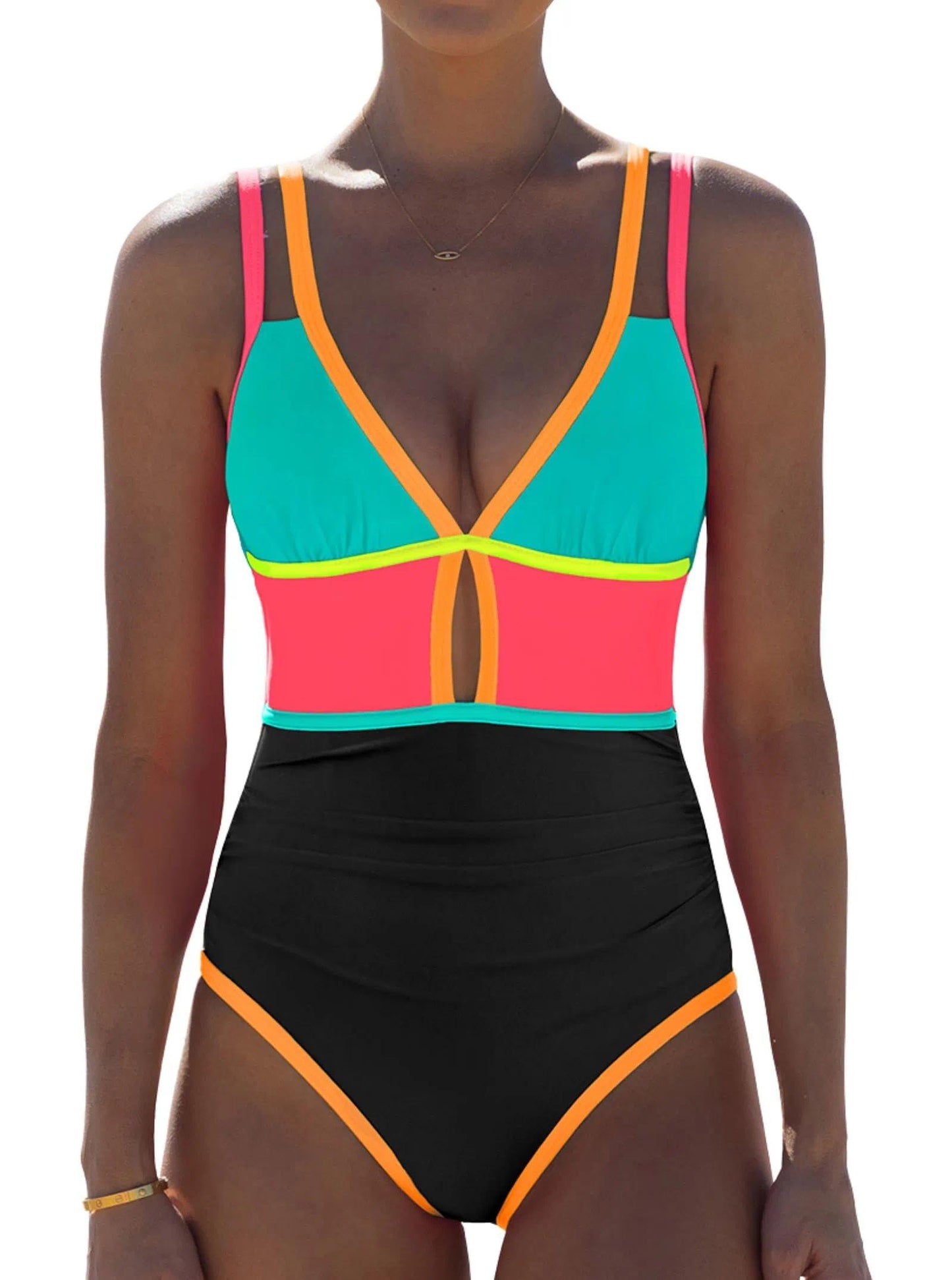 HOTpopvil Women One Piece Swimsuit 2026 Neon Tummy Control Bathing Suit | Tummy Ruched Design, Color Block, Cutout Design, Deep V Neck, Back tie,Adjustable Straps, Neon Trim,Vacation,Beach