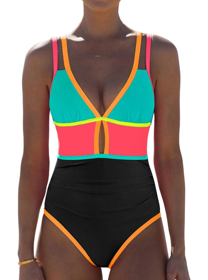 HOTpopvil Women One Piece Swimsuit 2026 Neon Tummy Control Bathing Suit | Tummy Ruched Design, Color Block, Cutout Design, Deep V Neck, Back tie,Adjustable Straps, Neon Trim,Vacation,Beach