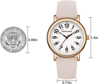 HOTGOLDEN HOUR Waterproof Nurse Watch for Medical Professionals, Students Women Men - Military Time Luminouse Easy Read Dial, 24 Hour with Second Hand, Colorful Silicone Band