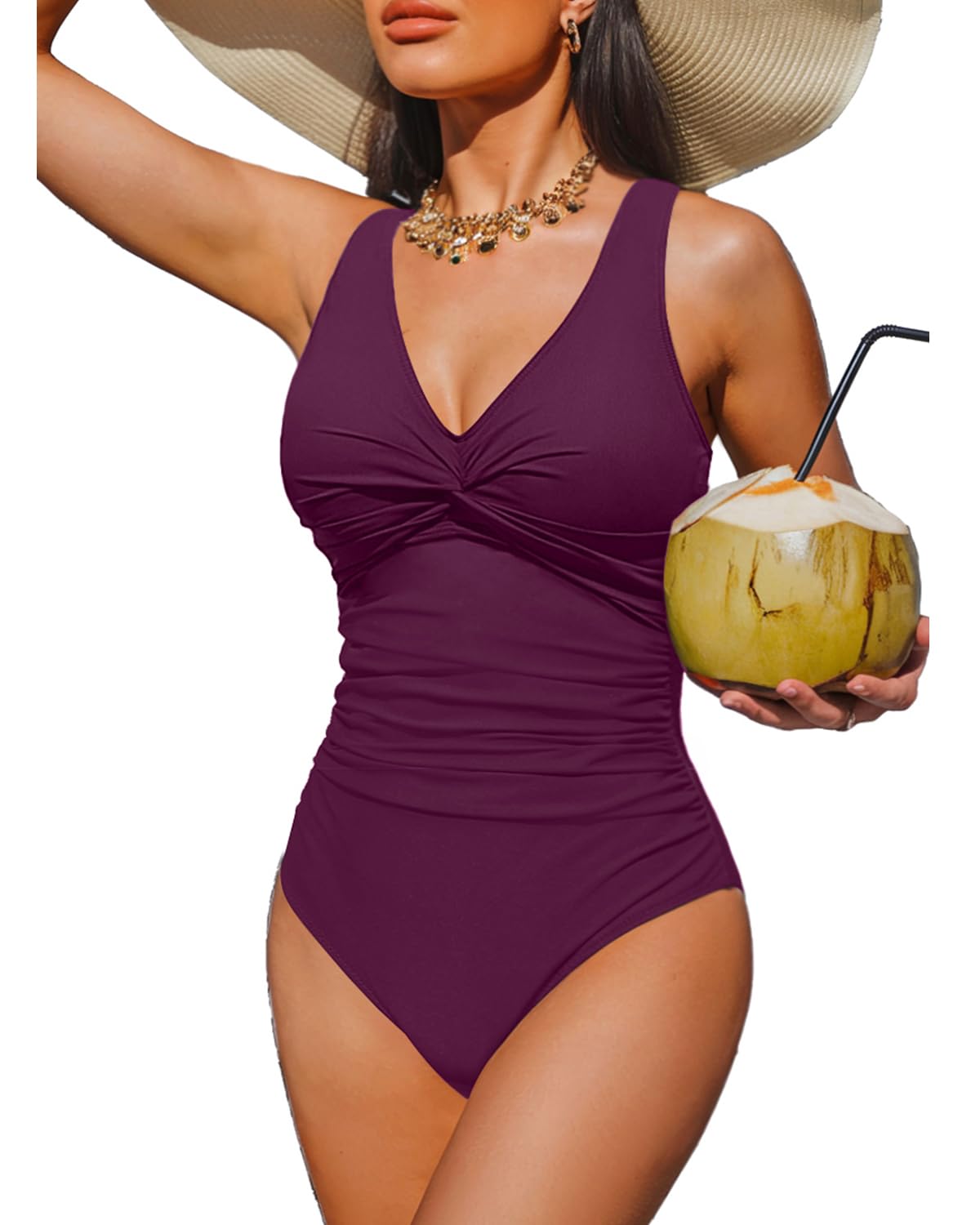 HOTWomen's Tummy Control One Piece Swimsuit Push Up Full Coverage Bathing Suit | V-Neck Twist Front, Low-Back Design, Adjustable Straps, Removable Pads, Full Coverage, Long-Torso Fit, Beach and Pool Days