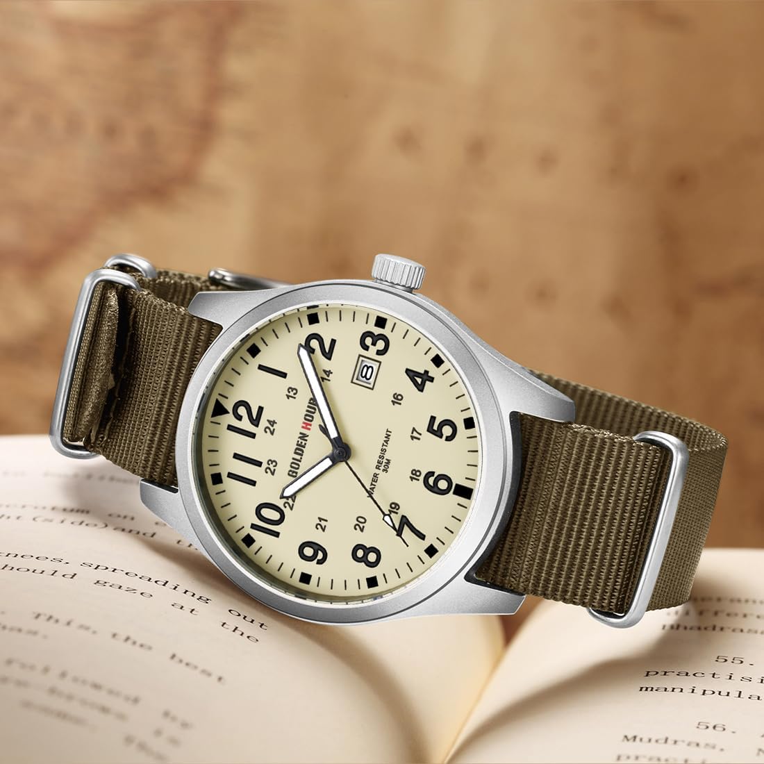HOTGOLDEN HOUR Men's Nylon Slip-Thru Strap Watch with Military Time Easy Read Dial Glowing Hands