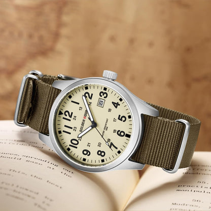 HOTGOLDEN HOUR Men's Nylon Slip-Thru Strap Watch with Military Time Easy Read Dial Glowing Hands