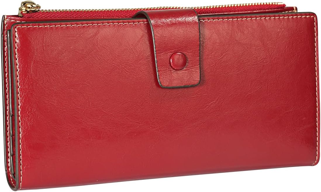 HOTItslife Womens RFID Blocking Large Capacity Luxury Wax Genuine Leather Wallet Clutch Ladies Card Holder, Red