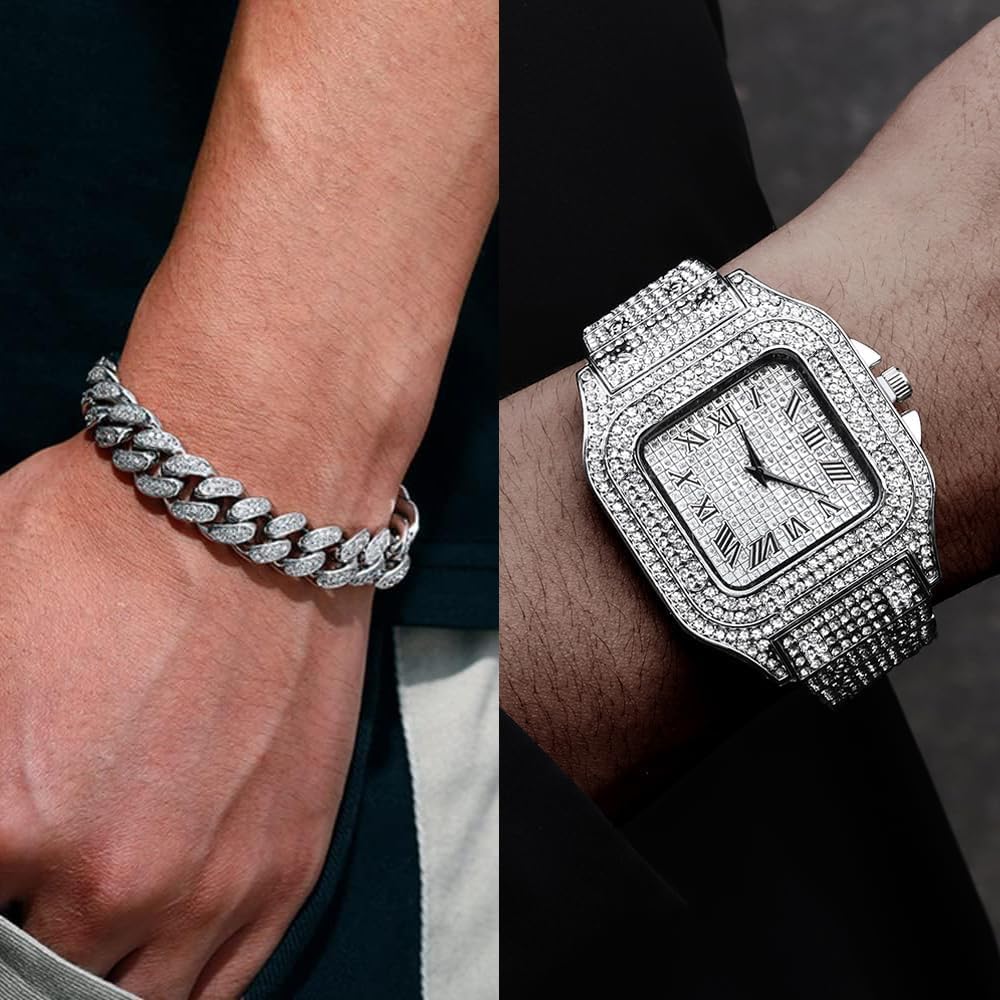 HOTApzzic Diamond Iced Out Watch CZ Gold Plated 40mm Width Roman Numerals Dial Quartz Wristband Watch for Men Women